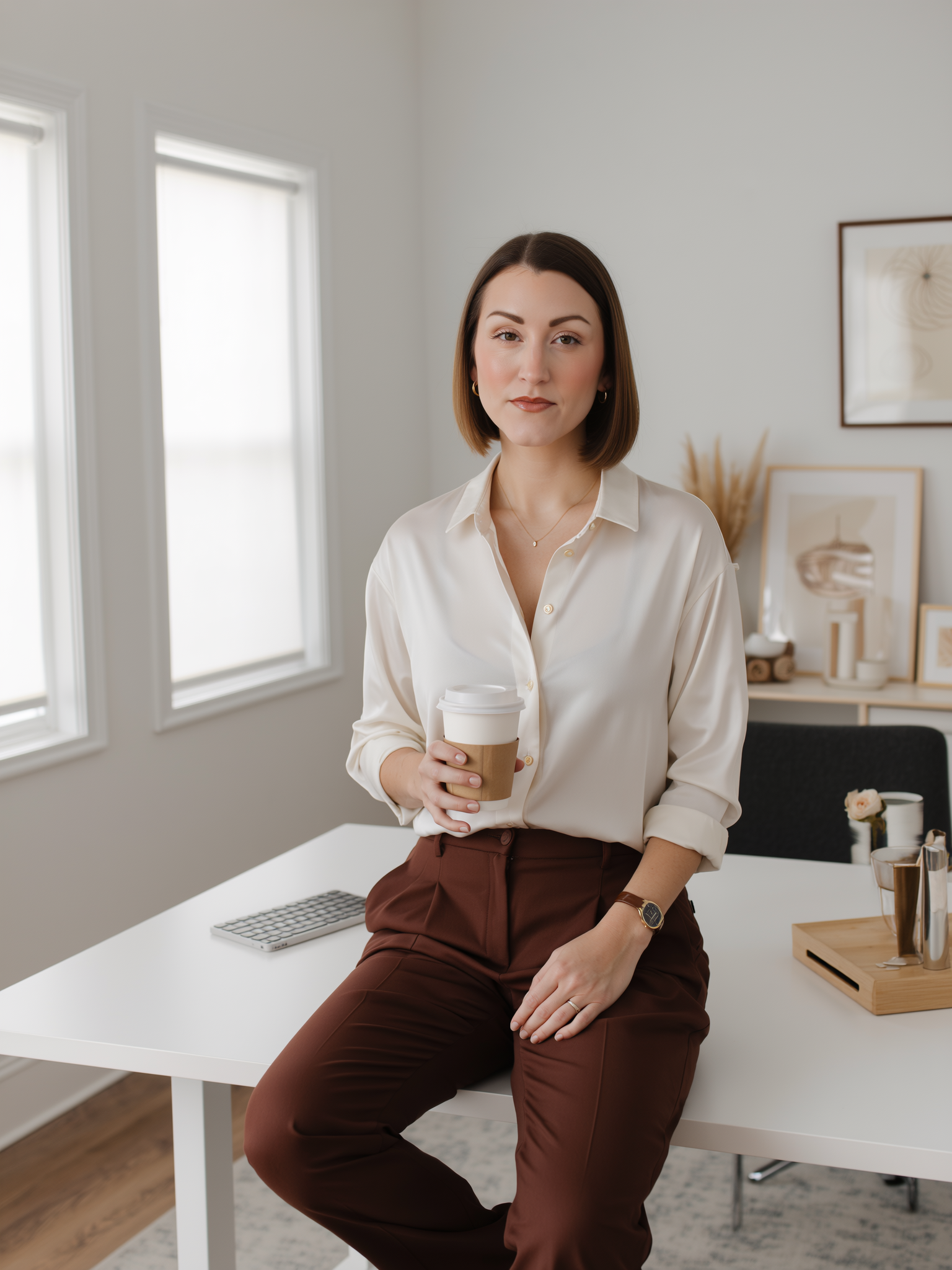 A woman with shoulder-length brown hair, wearing a cream-colored blouse and brown pants, sitting on the edge of a white desk in an office, holding a to-go coffee cup.