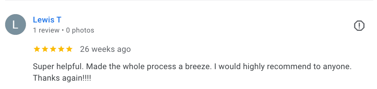 Customer review from Lewis T, five-star rating, praising the helpfulness and ease of the process, recommending it to others.