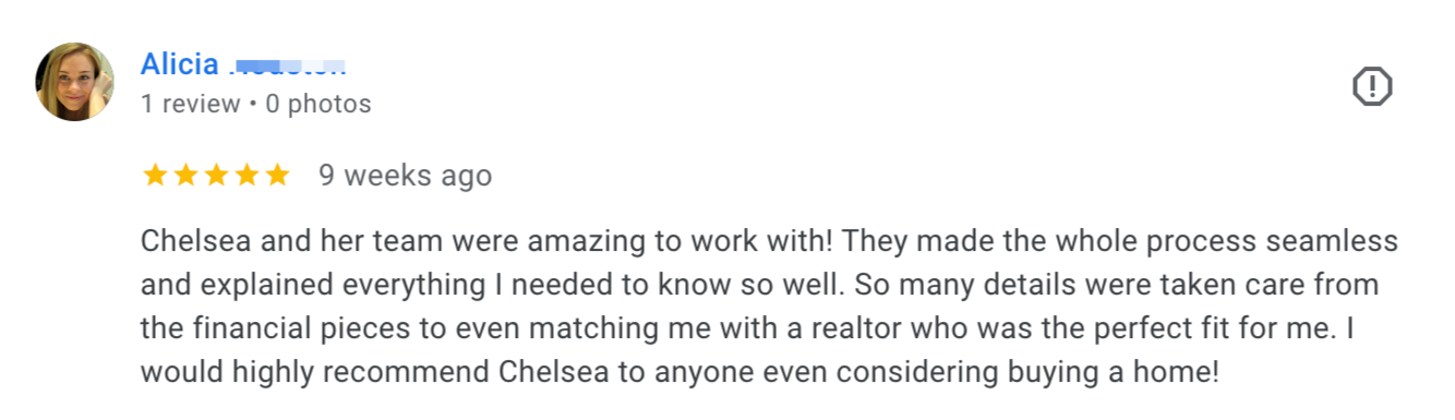 Screenshot of a Google review for Chelsea with a profile picture of a woman with blonde hair and glasses, expressing satisfaction with Chelsea's real estate services.