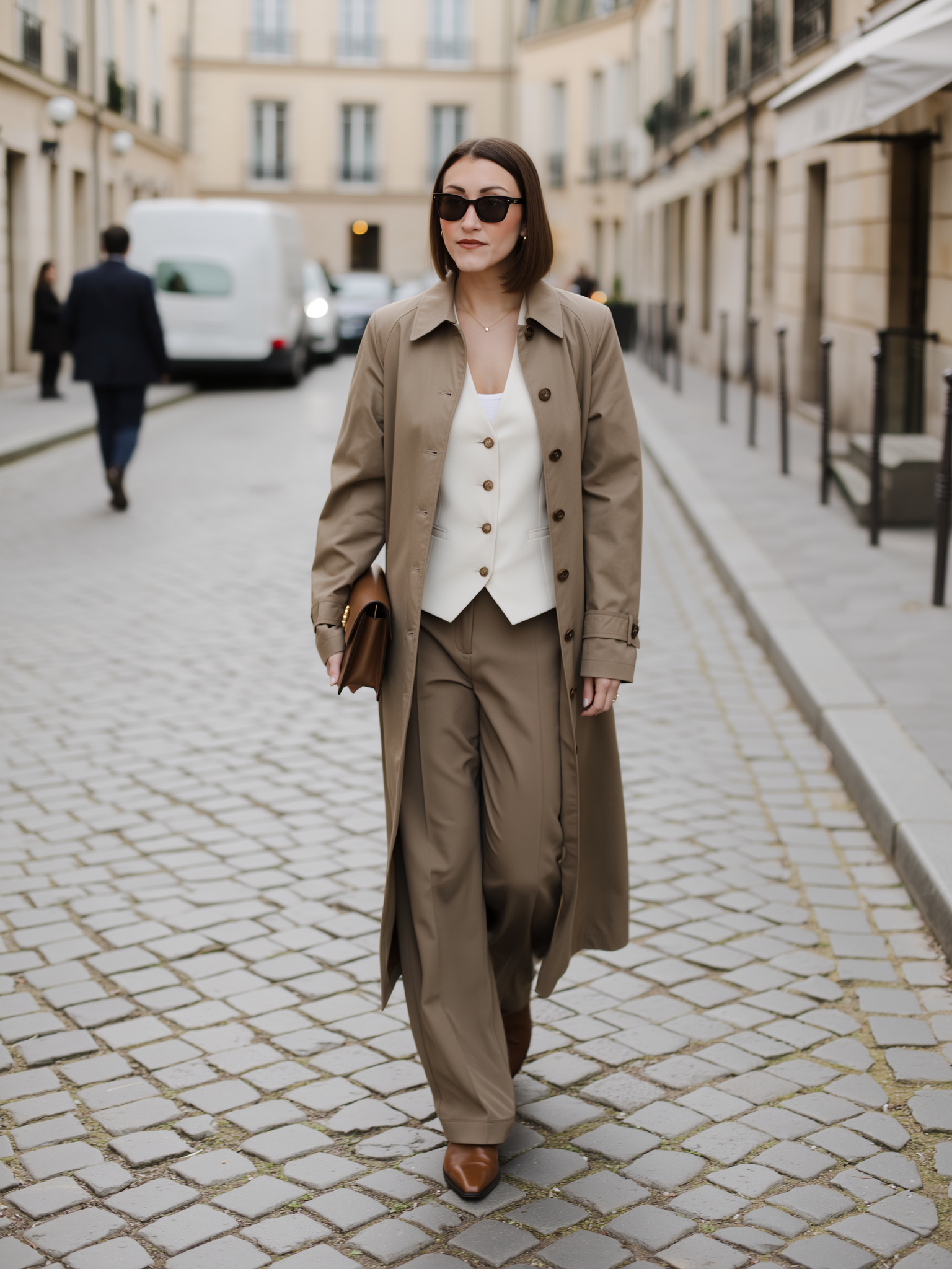 A woman in business attire walking on a cobblestone street in a city, wearing sunglasses, a beige trench coat, a white blazer, beige wide-leg trousers, and brown shoes, holding a brown clutch.