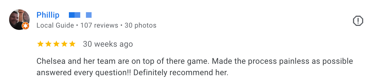 Screenshot of a Google review by Phillip for Chelsea, praising her and her team's service, with a five-star rating.