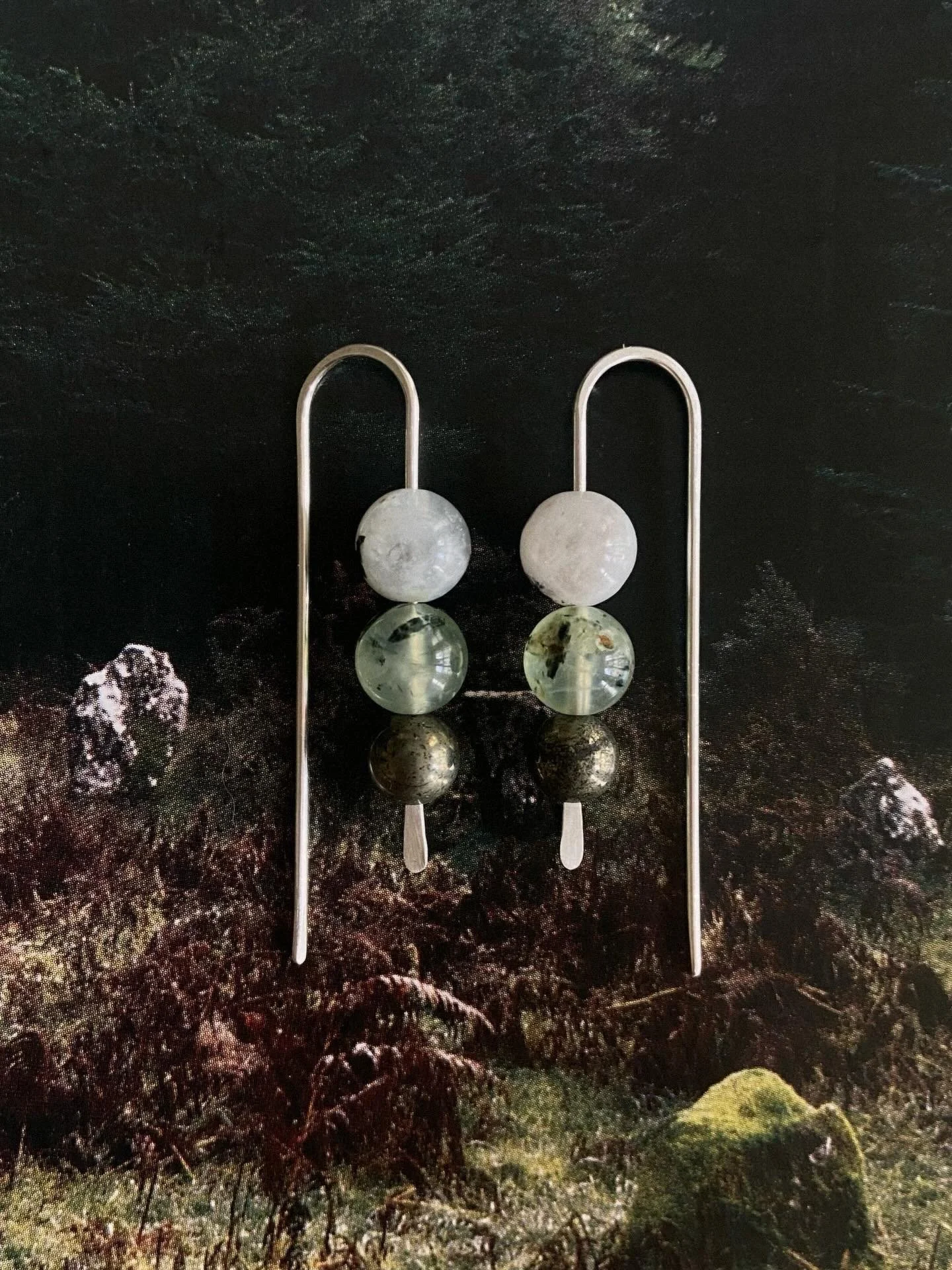 Medium moonstone, prehnite and pyrite hooks