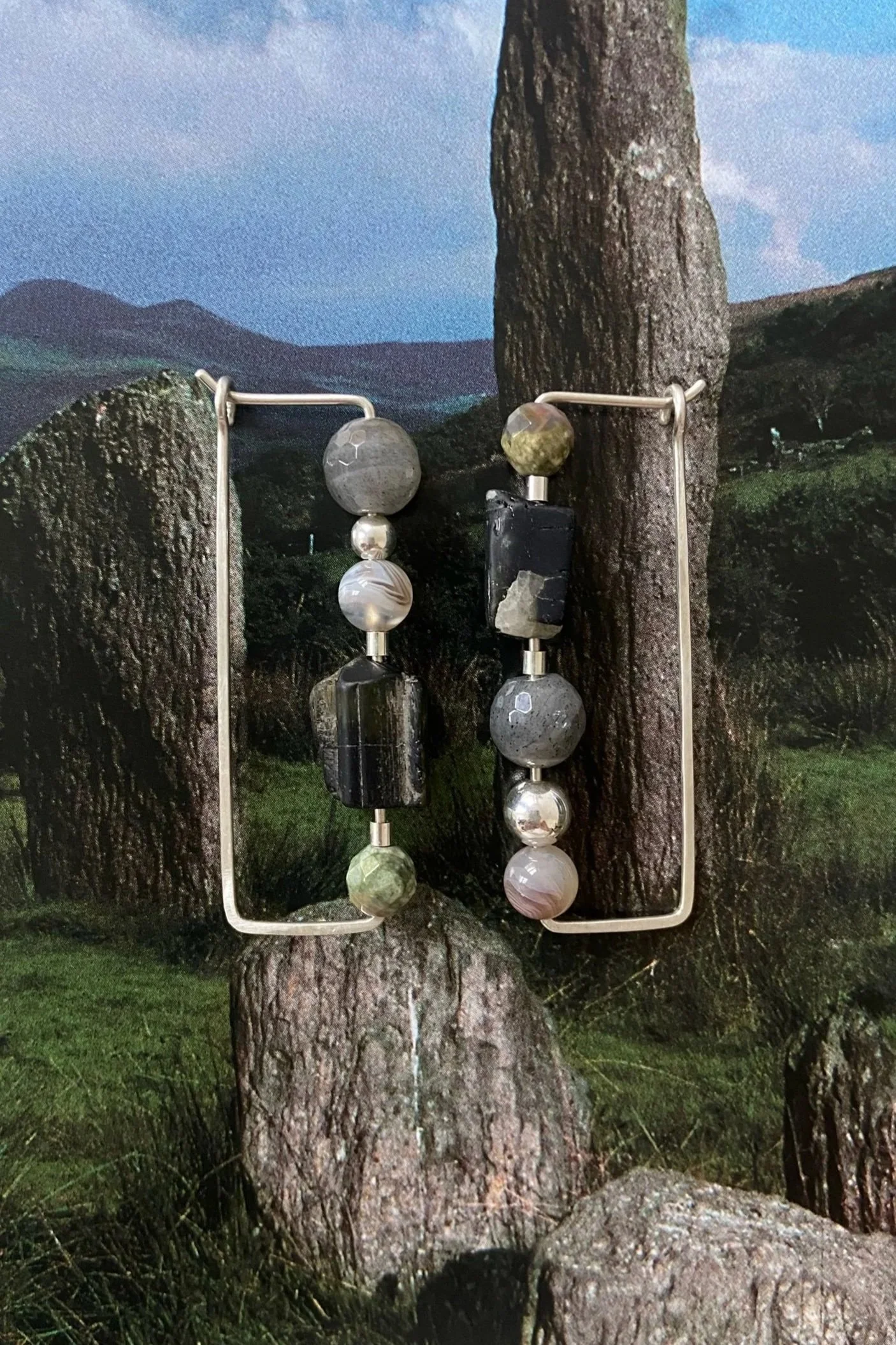 Black tourmaline long rectangular earrings