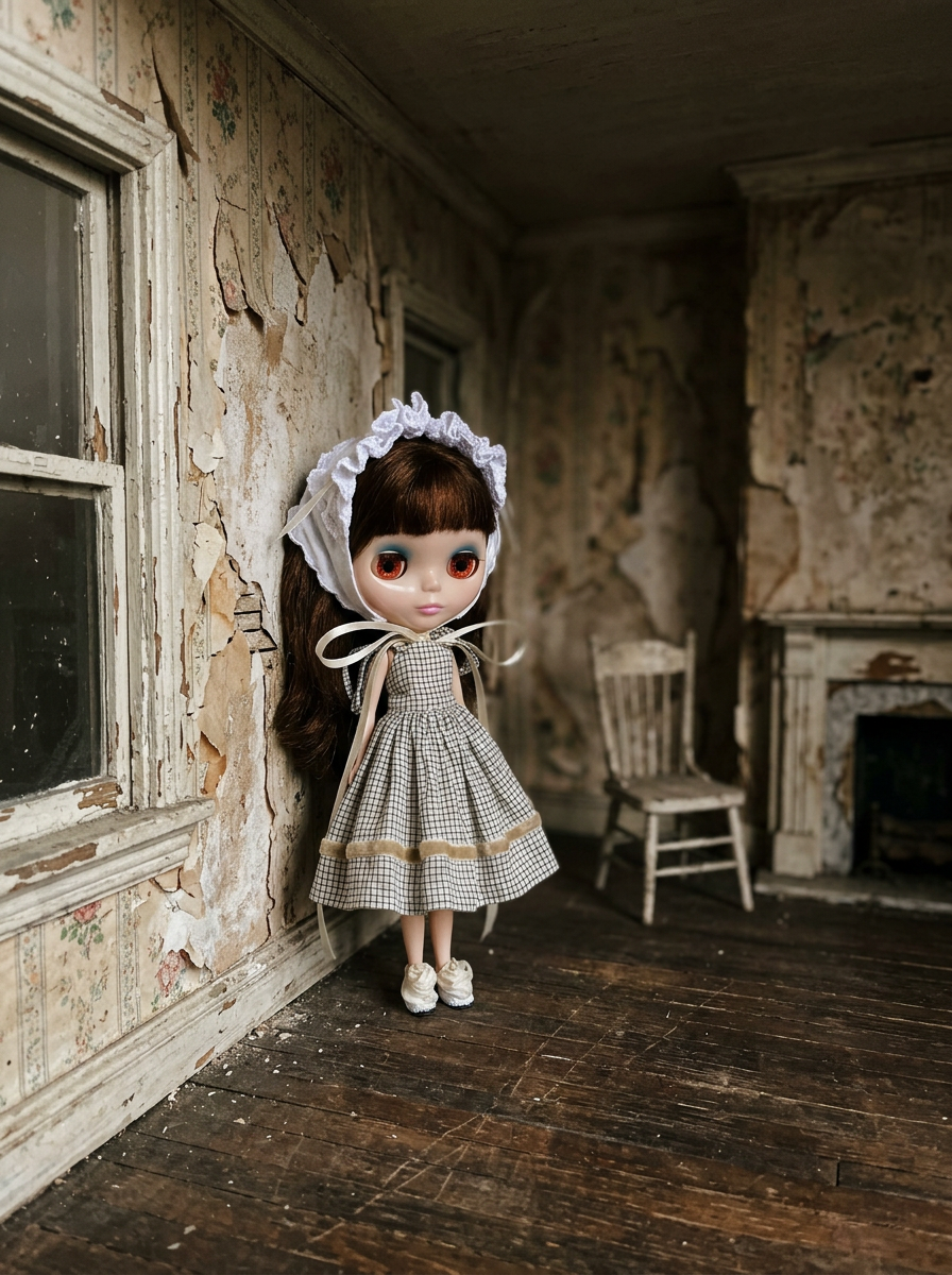 Collectible Blythe fashion doll dressed in handmade premium dress and lace headpiece is standing in an antique weathered by time dollhouse.