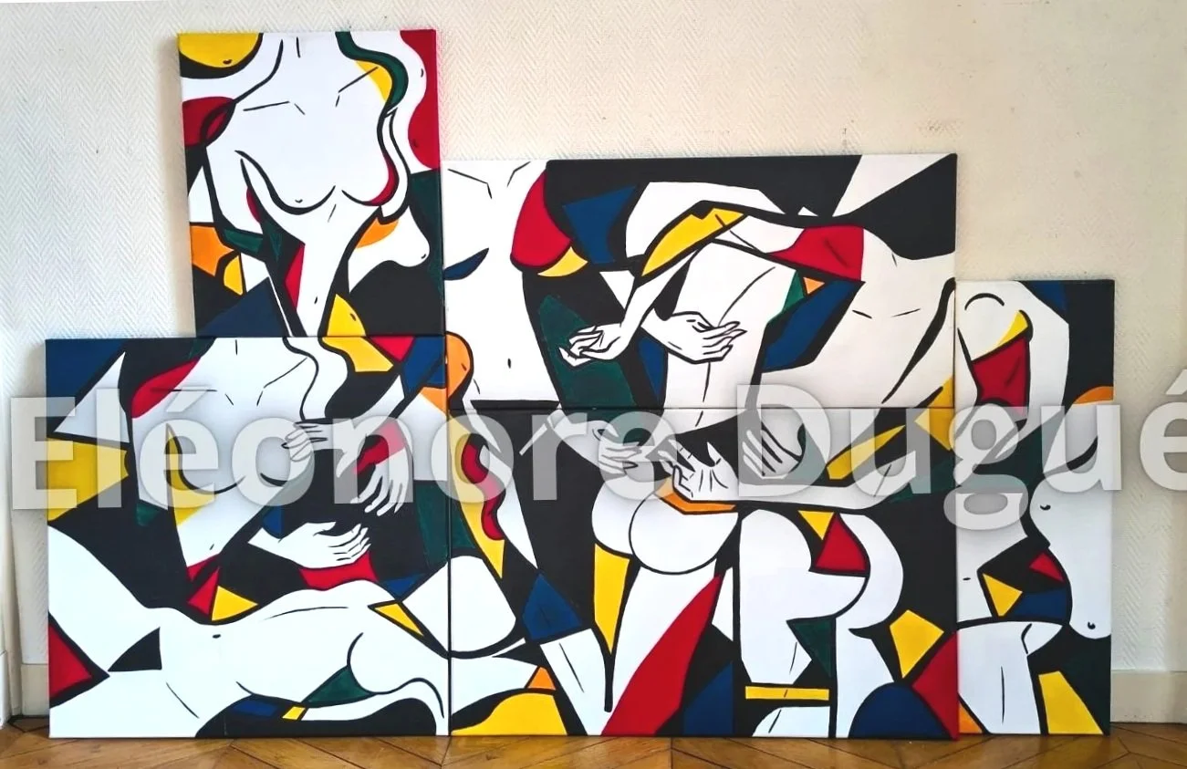 Acrylique sur toile montée sur châssis - Fresque composée de 5 toiles - Dimensions de l'ensemble : 140  × 210 cm