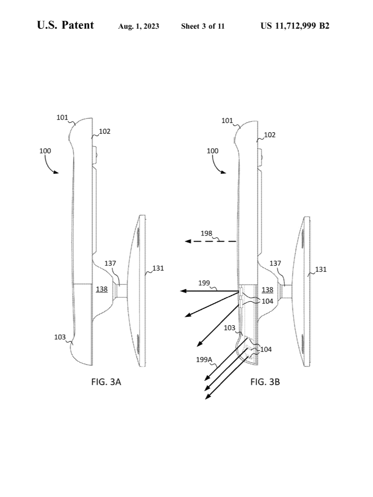 Patent diagram illustrating two figures of a device with labeled components, including elongated structures, internal parts, and directional arrows.