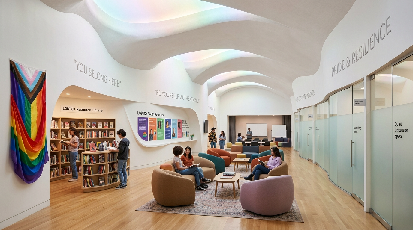 A modern, well-lit community space with colorful seating, a rainbow pride flag, and bookshelves labeled 'LGBTQ+ Resource Library'. There are several people engaging in reading, chatting, and walking, with quotes on the wall including 'You Belong Here', 'Be Yourself, Authenticity', and 'Pride & Resilience'.