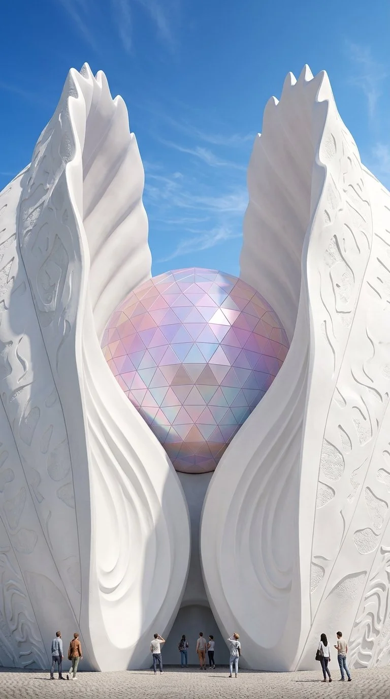 Large white sculptural structure with intricate carvings, opening like petals, with a large holographic geodesic sphere inside. Several people stand at the base for scale, against a blue sky.