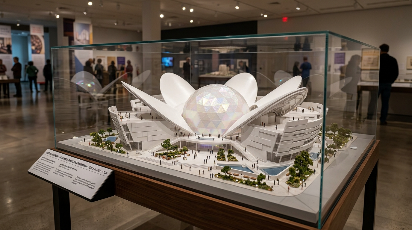 Architectural model of a modern building with a large spherical structure and petal-like features displayed in a glass case at an exhibition.