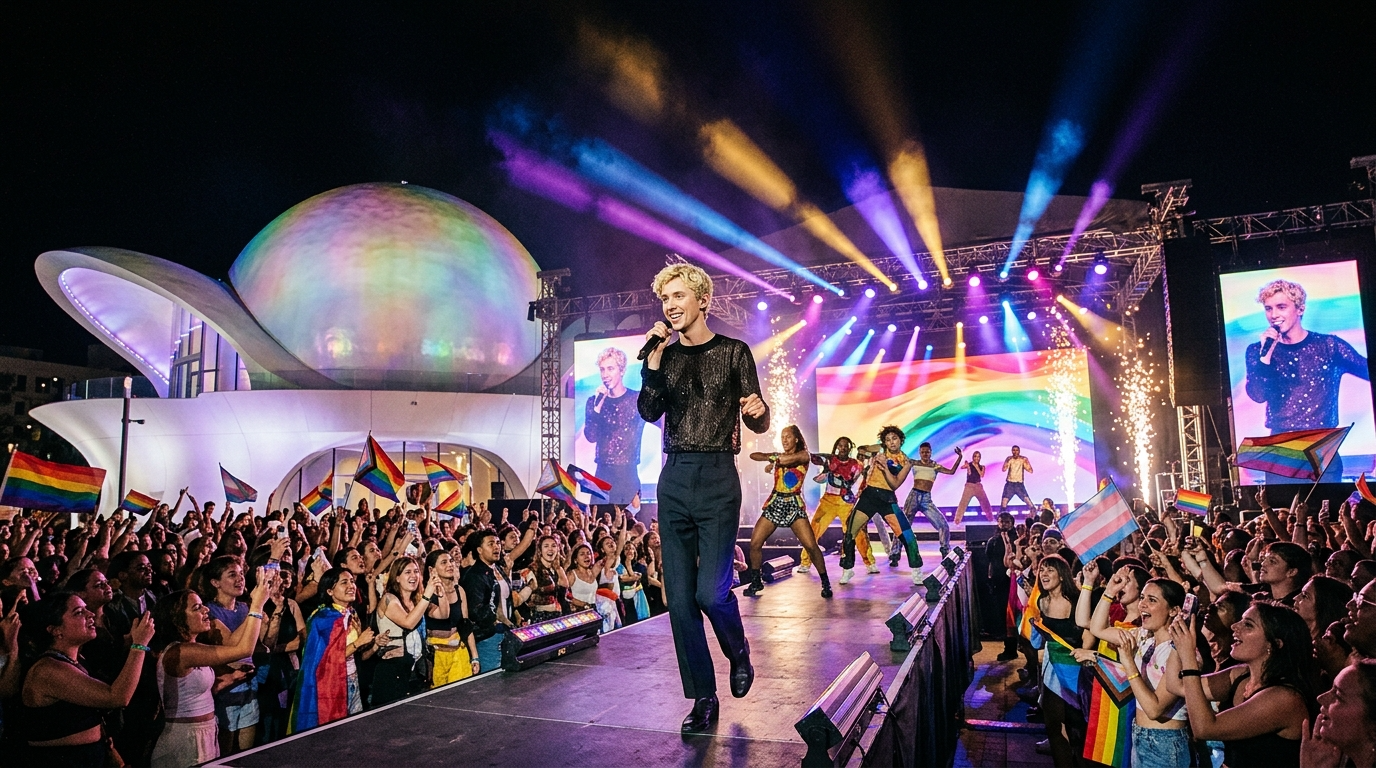 A lively outdoor Pride celebration with a male performer singing on stage, dancers performing behind him, and an audience waving rainbow flags at night with colorful stage lights and a large rainbow display.