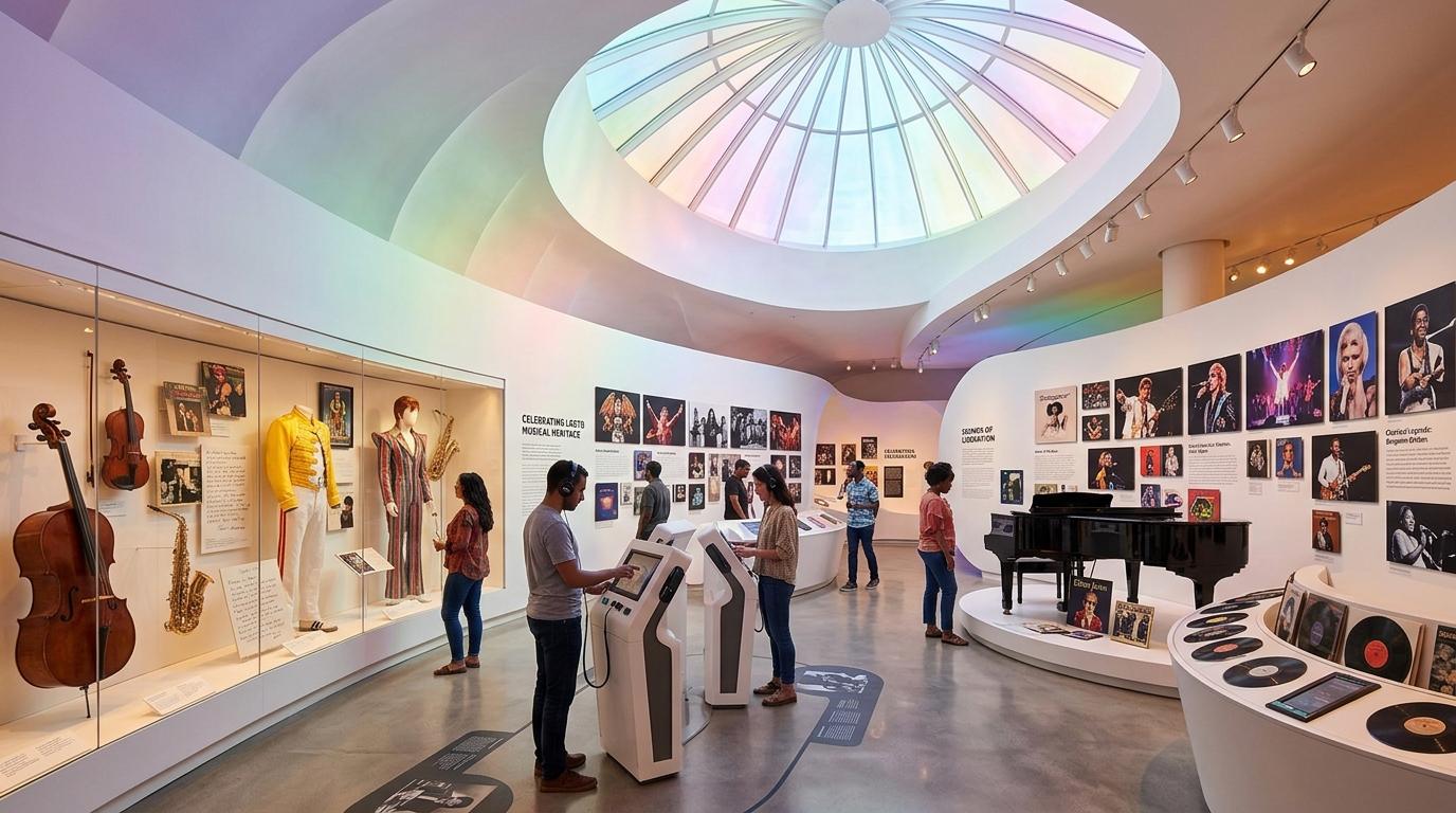 People exploring exhibits in a music museum with display cases, photographs, vinyl records, and a black grand piano. An illuminated glass dome ceiling provides natural lighting.