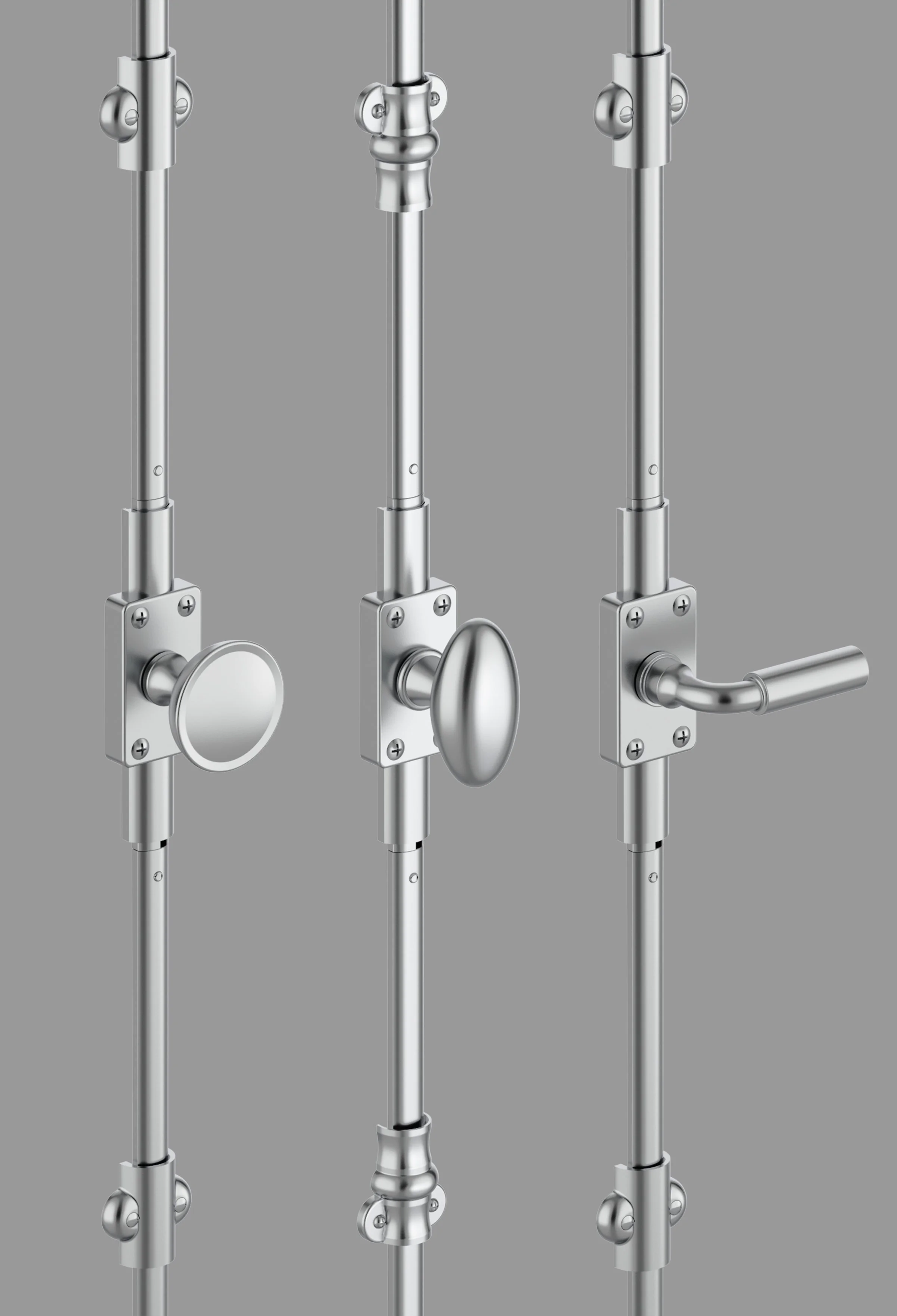 Three metallic door handles with different designs on vertical rods against a gray background.