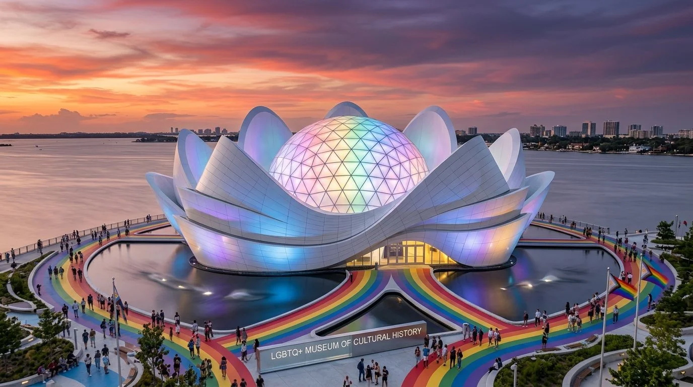 The LGBTQ+ Museum of Cultural History building, designed like a glowing lotus flower with rainbow-colored pathways and flags, is situated by a river during sunset with a city skyline in the background.