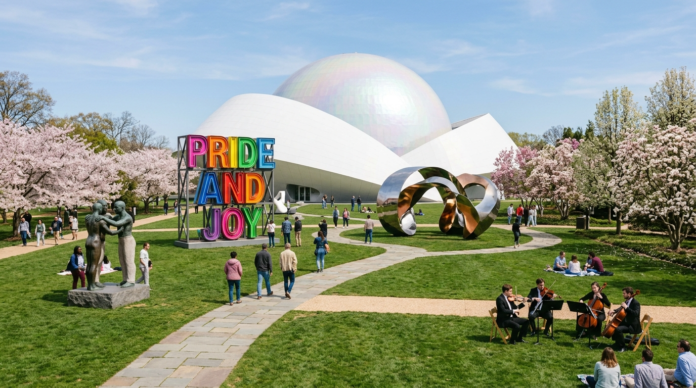 People walking and sitting on the grass at an outdoor park with cherry blossom trees, a modern building, sculptures, and a large colorful sign that says "PRIDE AND JOY." A string quartet is performing, and other visitors are enjoying the day.