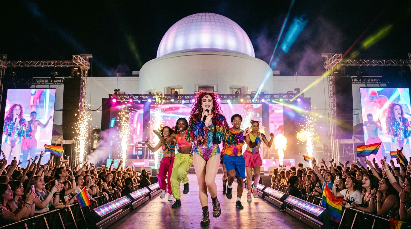 A lively concert scene with a female performer and backup dancers on a brightly lit stage, vibrant fireworks, rainbow flags, and an enthusiastic crowd.