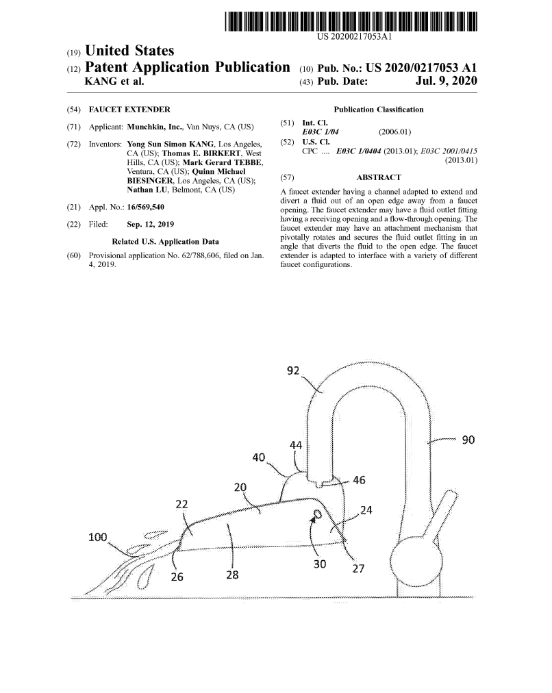 Patent application image showing a faucet extender design with labeled components and a flow of water from the faucet.