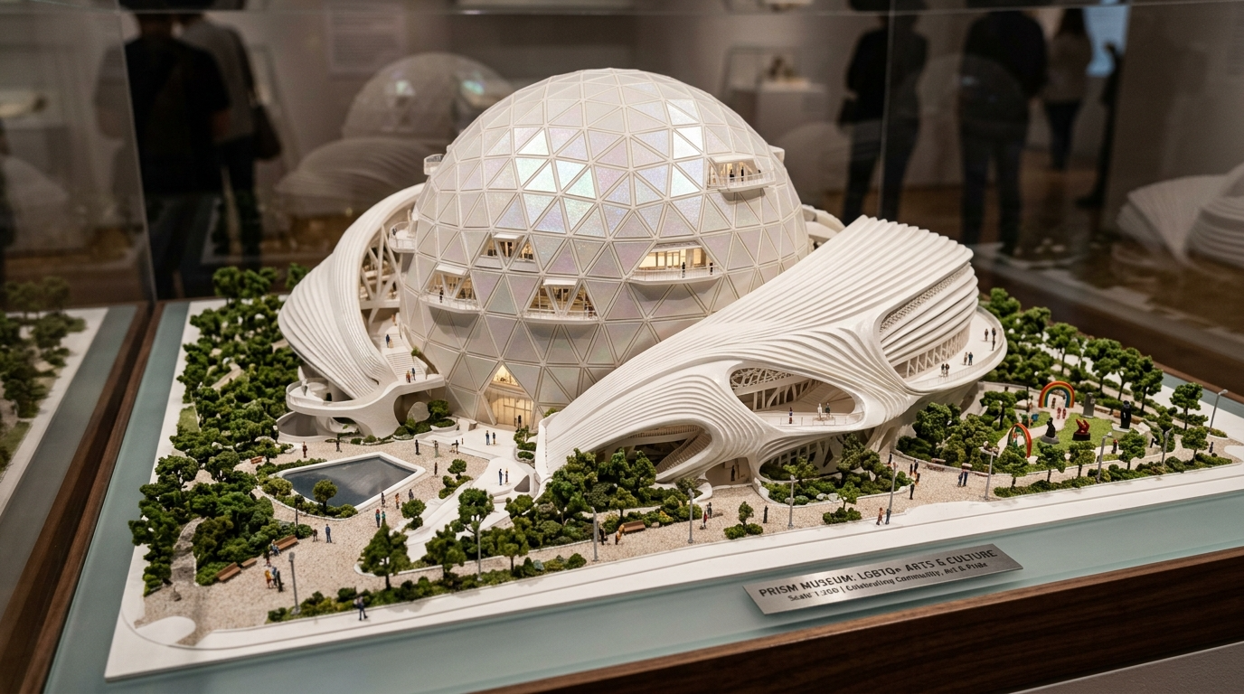 Architectural scale model of Prism Museum, a spherical building with a geodesic dome structure, surrounded by landscaped gardens with pathways, trees, and small figures of people.