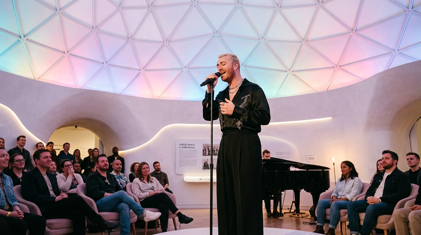 A singer performing with a microphone on stage while an audience watches in a modern, colorful-lit venue.