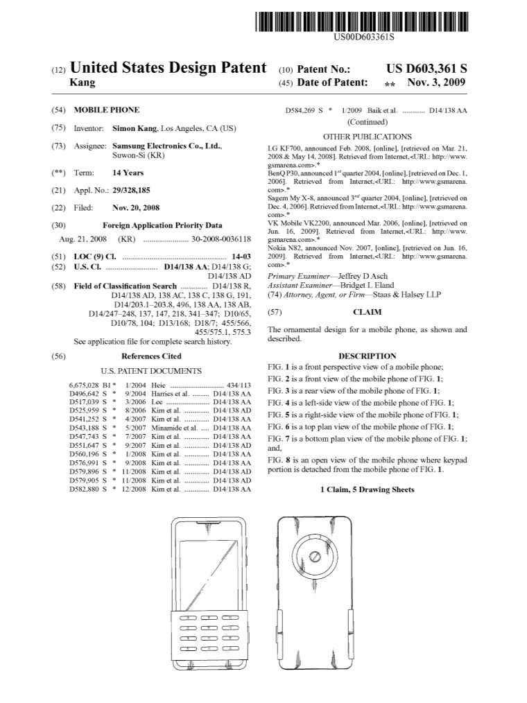 Patent diagram of a mobile phone showing front and back views with keypad and camera.