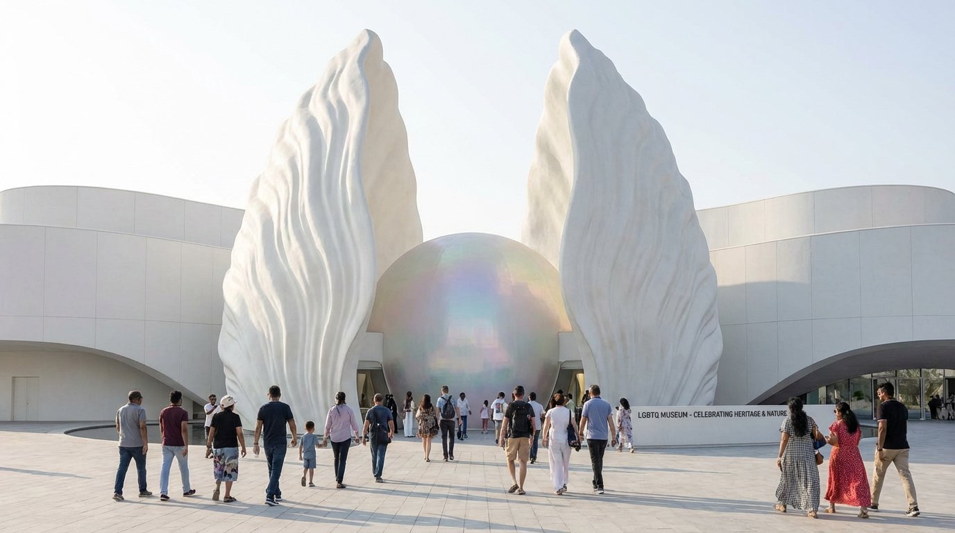 People walking towards the entrance of the LGBTQ Museum, which features large white shell-shaped sculptures on either side of the doorway and a spherical metallic structure above it.