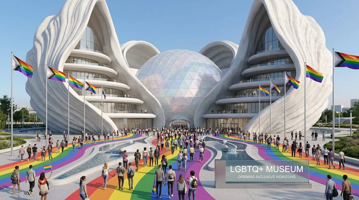 A large building with an abstract, flowing design features rainbow flags and rainbow-colored pathways leading to it. The building has multiple balconies and a spherical glass structure at the center. People are walking toward the entrance. A sign reads, 'LGBTQ+ MUSEUM - OPENING INCLUSIVE HORIZONS'.