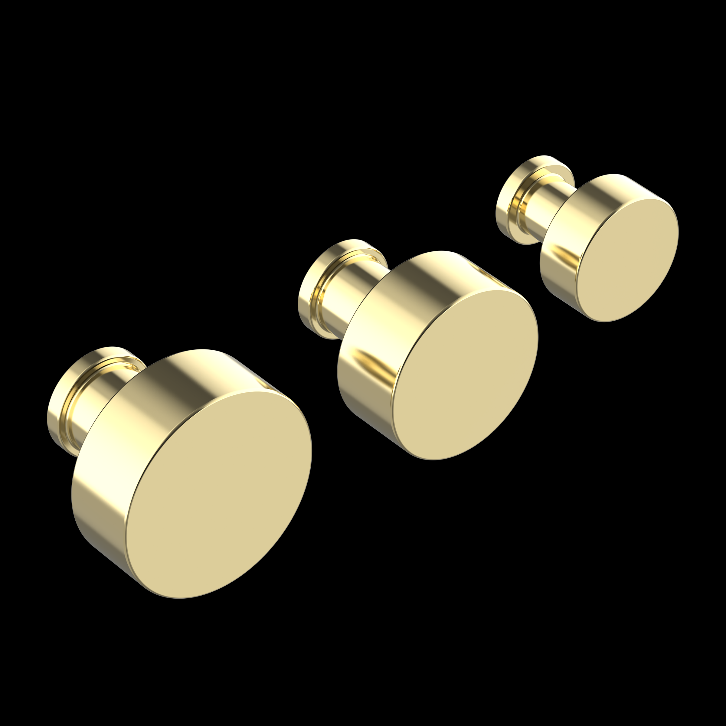 Three gold-colored door knobs arranged diagonally on a black background.