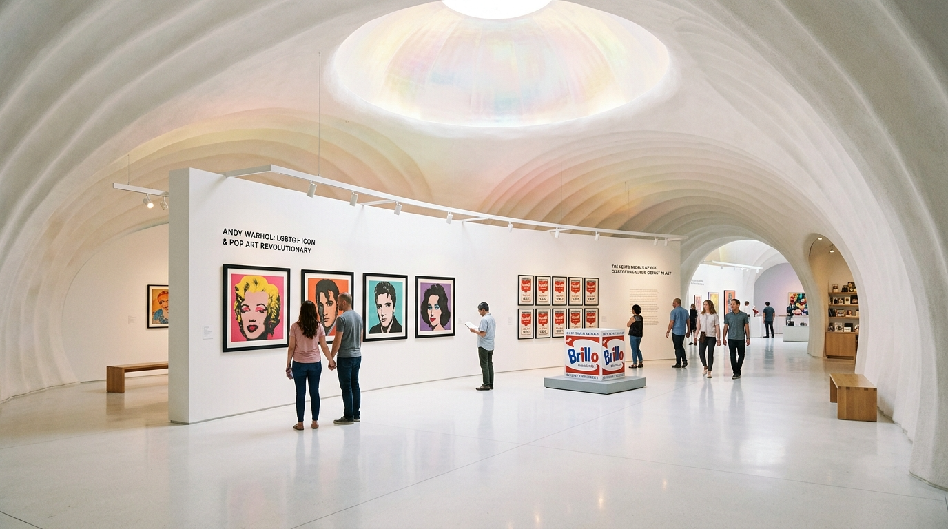 An art gallery with arched ceilings displaying pop art, including Andy Warhol portraits of celebrities and a collection of artwork on the walls, with visitors observing pieces.