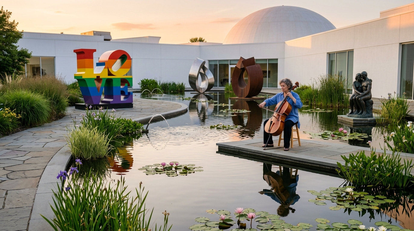 A woman playing a cello outdoors near a pond filled with lily pads, with sculptures and a colorful Love sign in the background.