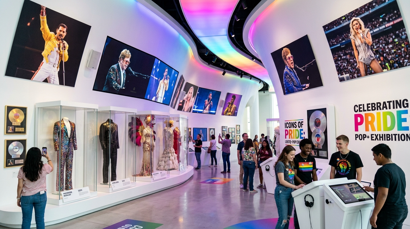 People visiting the Icons of Pride LGBTQ+ pop exhibition with displays of costumes, large photos on the walls, and colorful lighting.