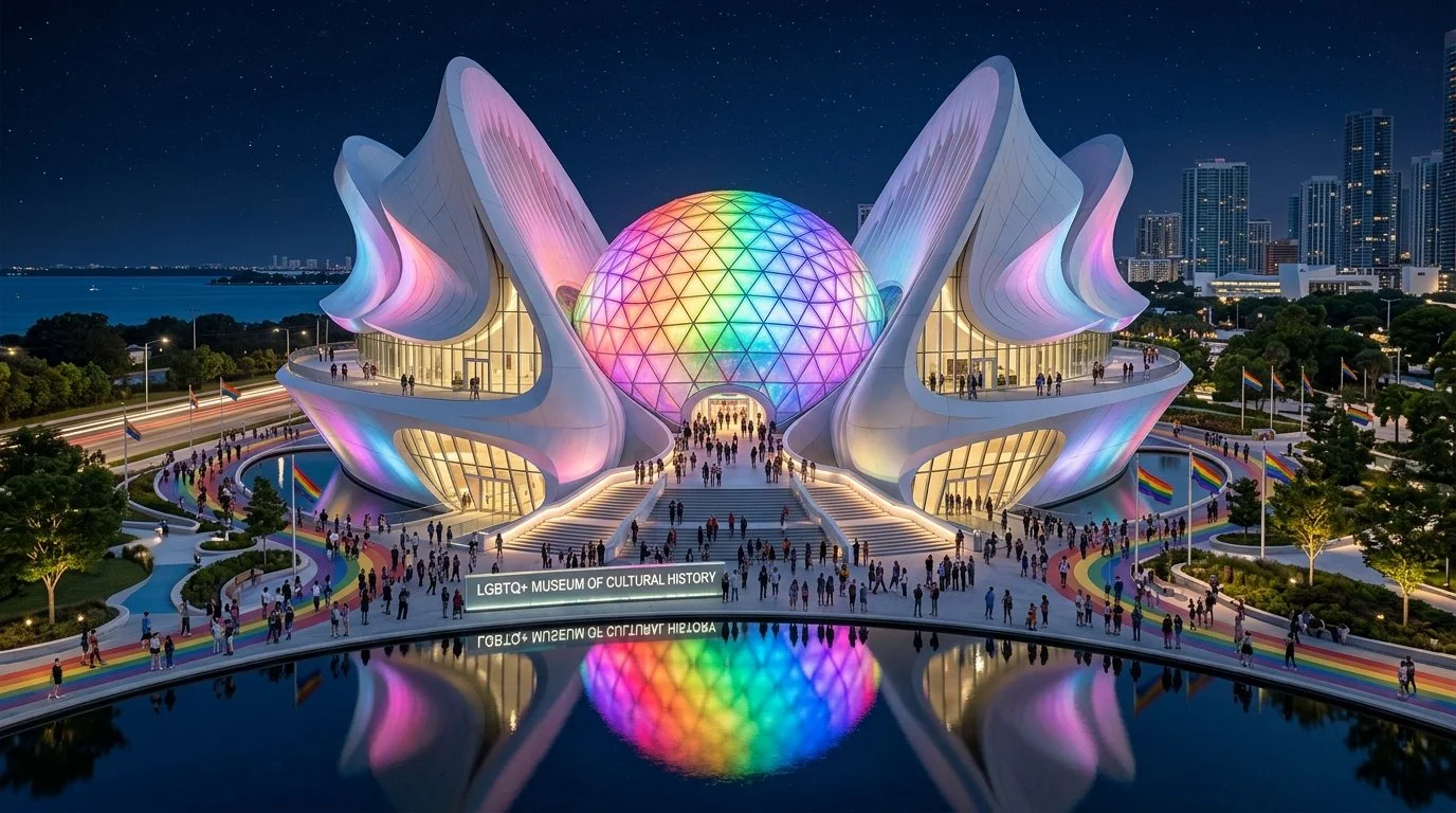 Nighttime view of the LGBTQ+ Museum of Cultural History, a modern building with colorful, illuminated, petal-like structures and a large glowing rainbow sphere at the entrance. People are gathered outside, and rainbow flags line the area.