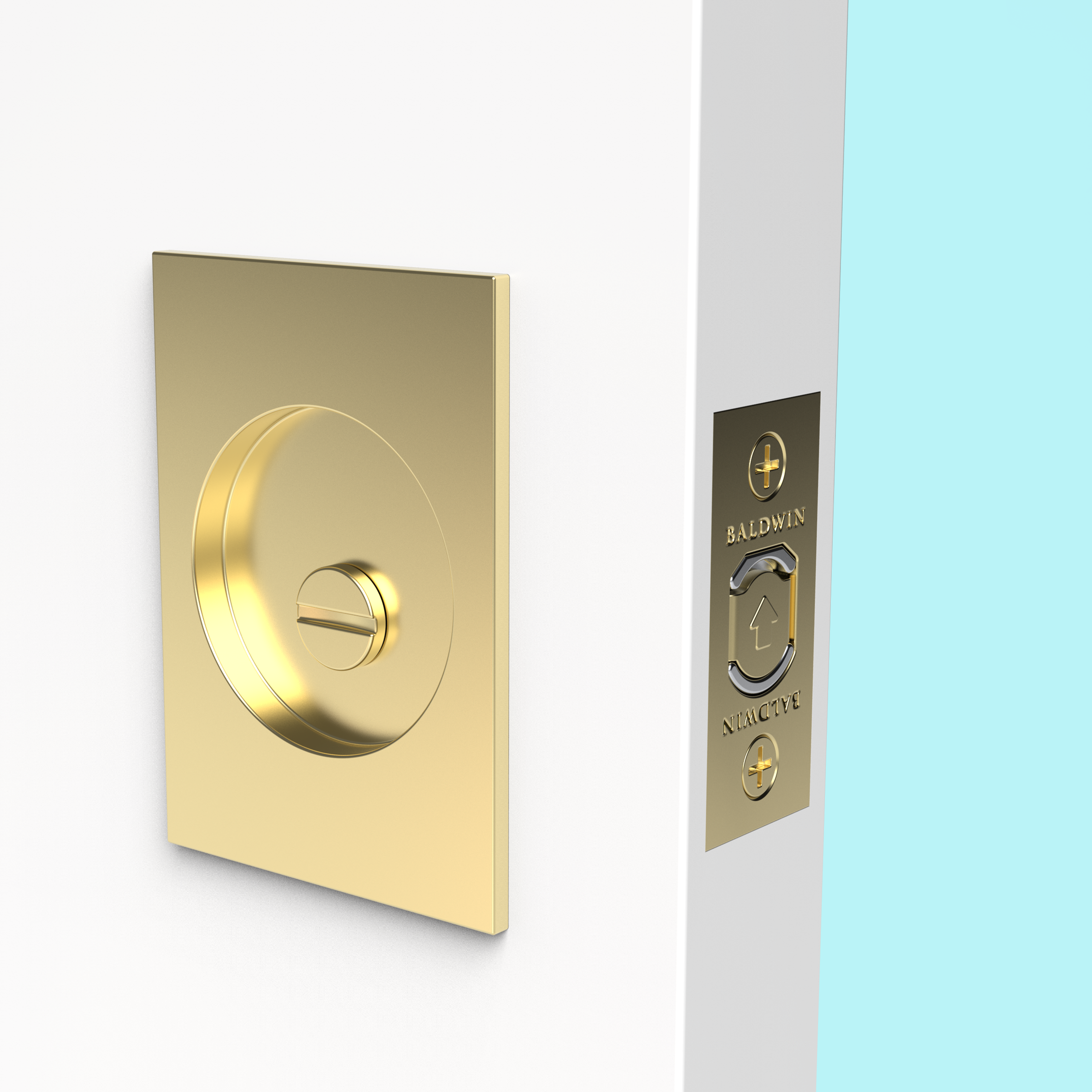 Close-up of a modern, metallic smart lock device with a golden finish installed on a white door, featuring a circular dial and a separate keypad with the words 'BALDWIN' on it.