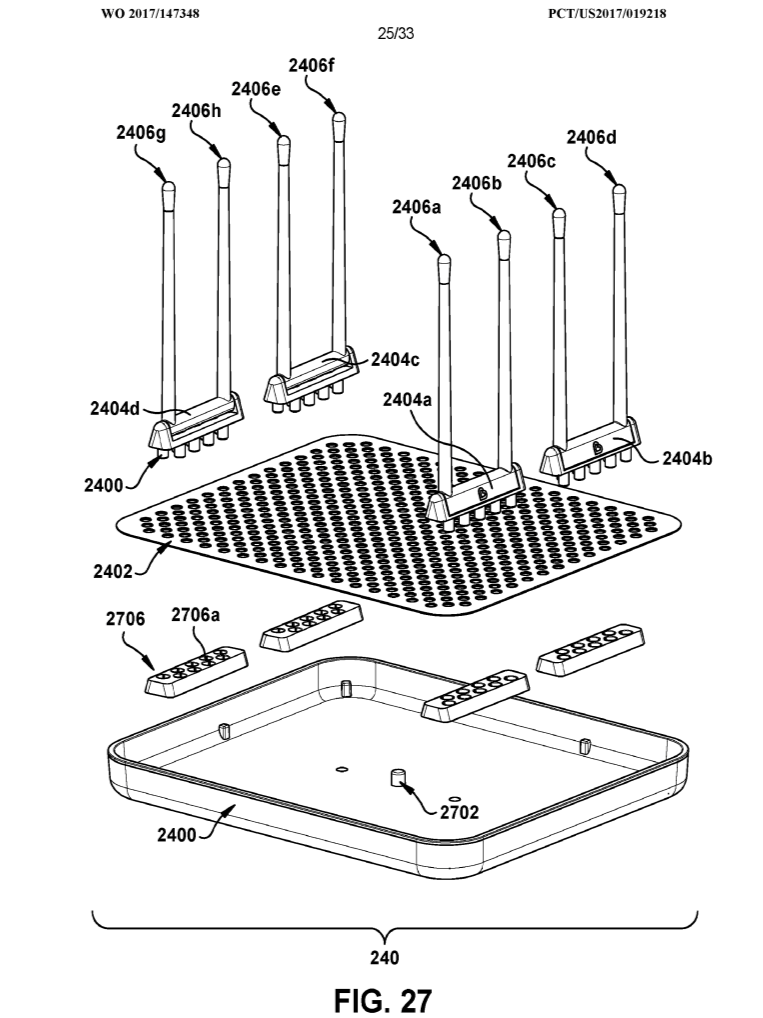 Exploded view of a wireless router with antennas, circuit board, and base, showing assembly parts and labels.