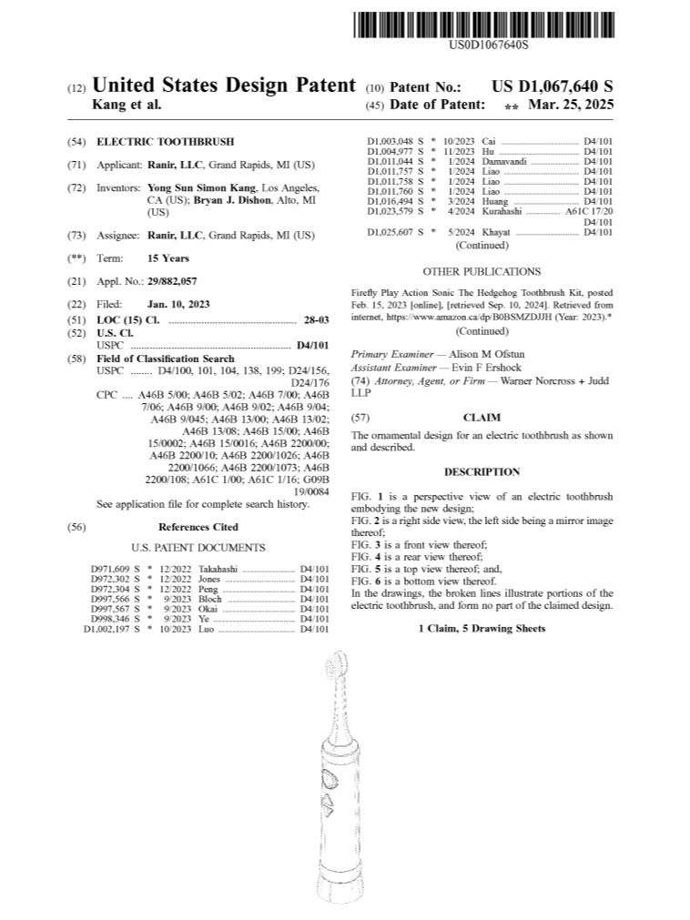 Patent document detailing an electric toothbrush design, including technical drawings and descriptions of the toothbrush's mirror image features.