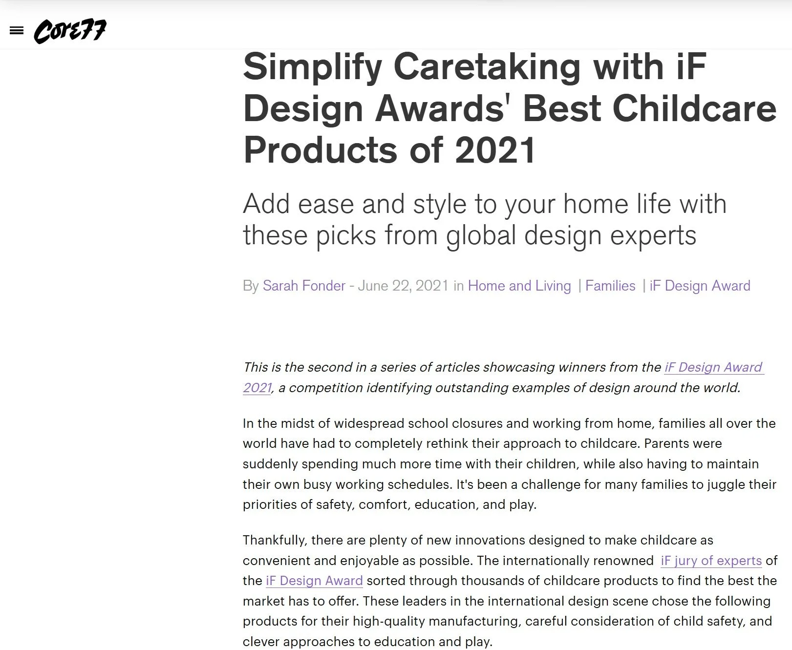 Screenshot of an article webpage titled 'Simplify Caretaking with iF Design Awards' Best Childcare Products of 2021' by Sarah Fonder, published June 22, 2021, with a heading and introductory text about childcare product innovations.