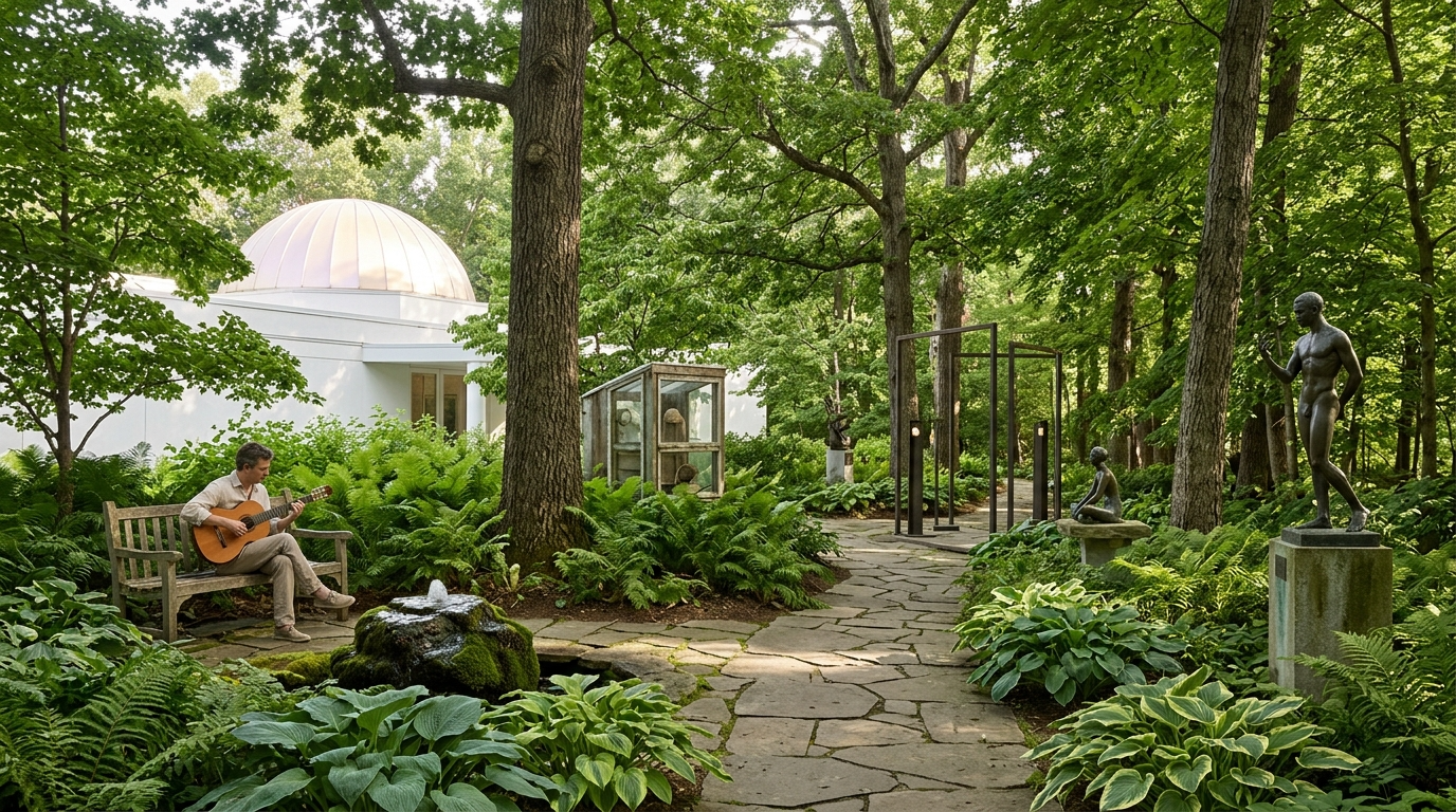 A person playing guitar on a bench in a lush green garden with statues and a white dome building in the background.