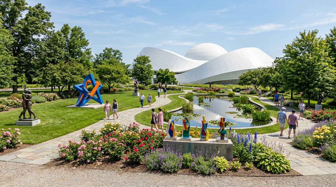 People walking around an art garden with sculptures, lush greenery, and a modern white building in the background on a sunny day.