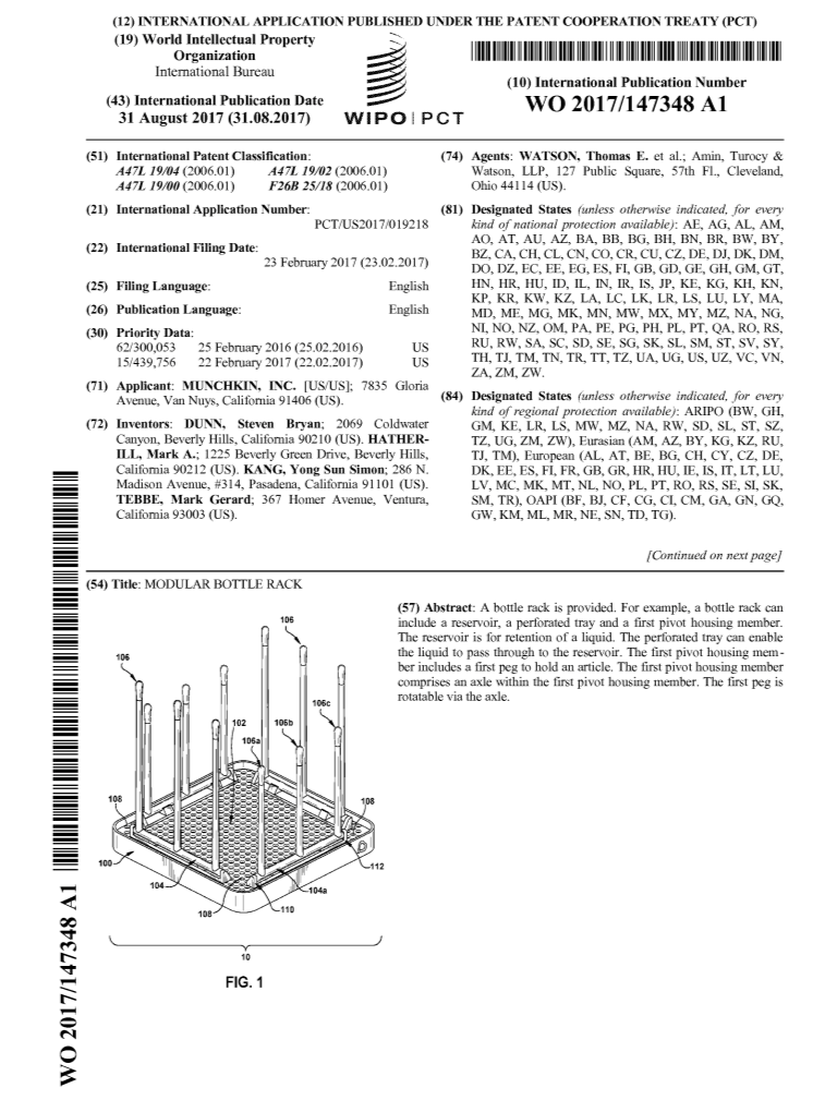 Diagram of a modular bottle rack with labeled parts and description of its features.