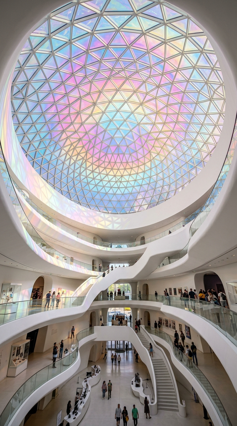 Modern art museum interior with a large glass dome ceiling displaying colorful iridescent patterns, multiple curved walkways, and visitors exploring the space.