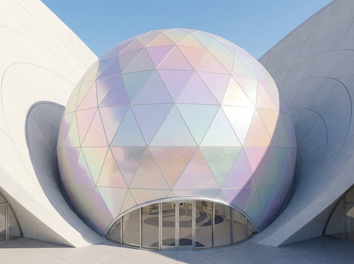 Modern building with a large iridescent geodesic dome and white curved exterior walls.