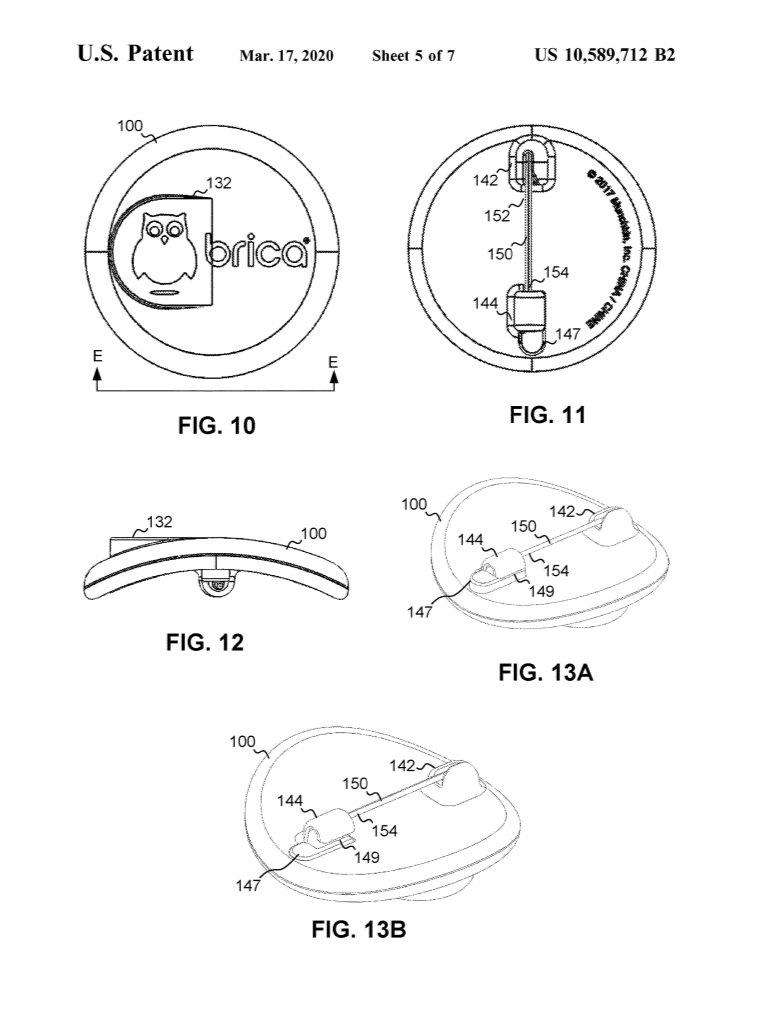 Patent drawings showing a logo with an owl and the word "brica," along with technical diagrams of a device with a scent cartridge, including side, top, and connected views.
