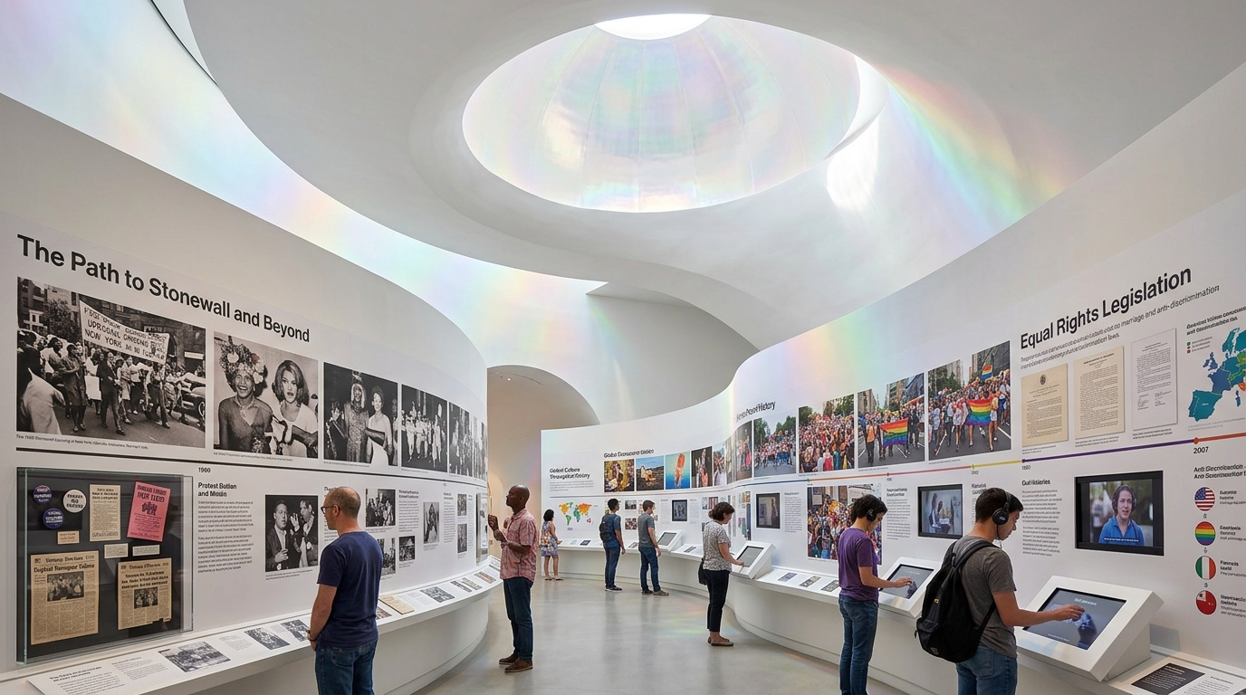 Museum visitors viewing an exhibit about civil rights on white curved walls with historical photographs, documents, and digital screens, illuminated by a circular skylight with rainbow light refractions.