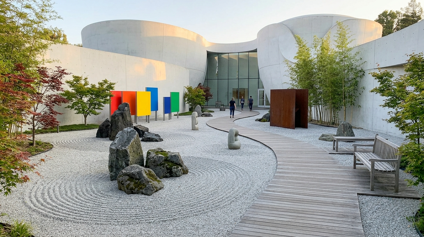 Modern building with a white curved exterior, surrounded by a Zen garden with rocks, gravel, and trees, and a wooden pathway leading to the entrance.