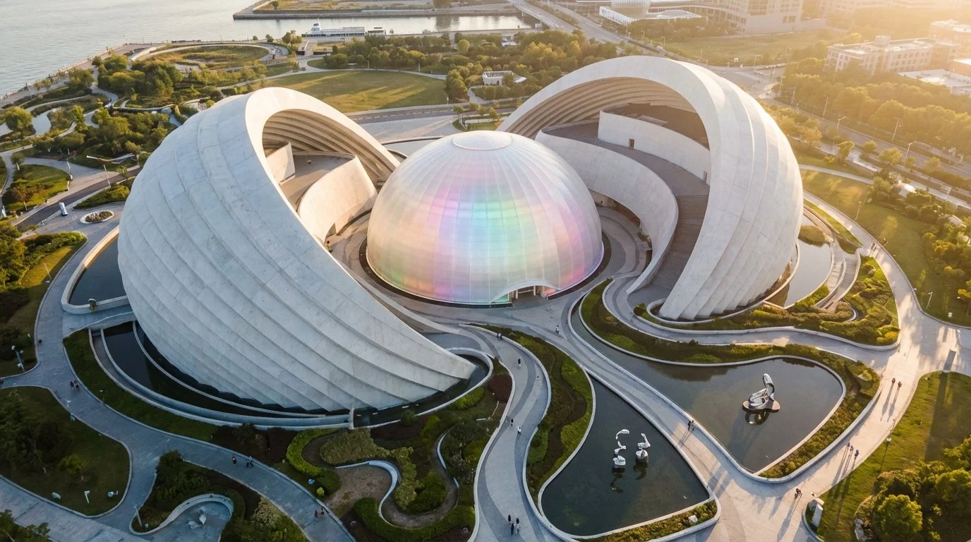 An aerial view of a modern architectural building with curved white concrete structures and a colorful dome in the center, surrounded by landscaped gardens, walkways, and water features in a park.