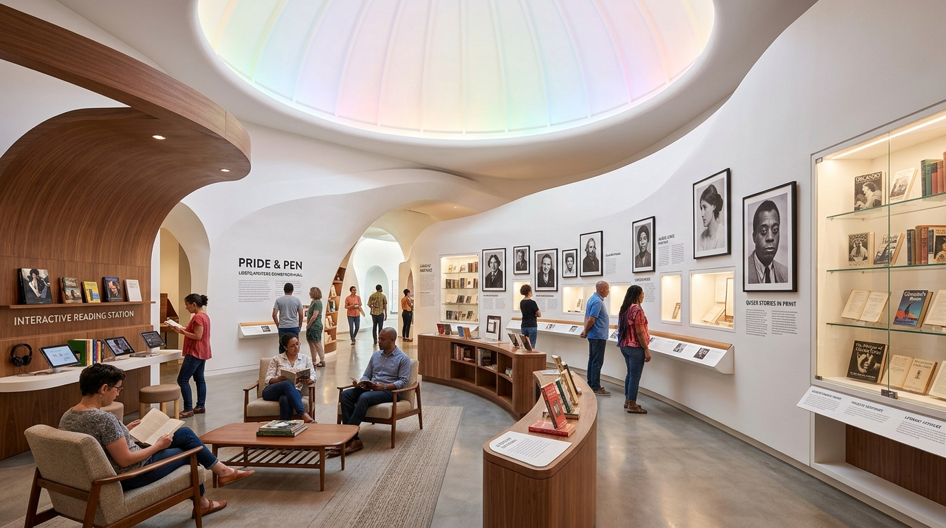 People exploring and reading exhibits in a modern, well-lit library or museum with books on display and portrait photographs on the walls.