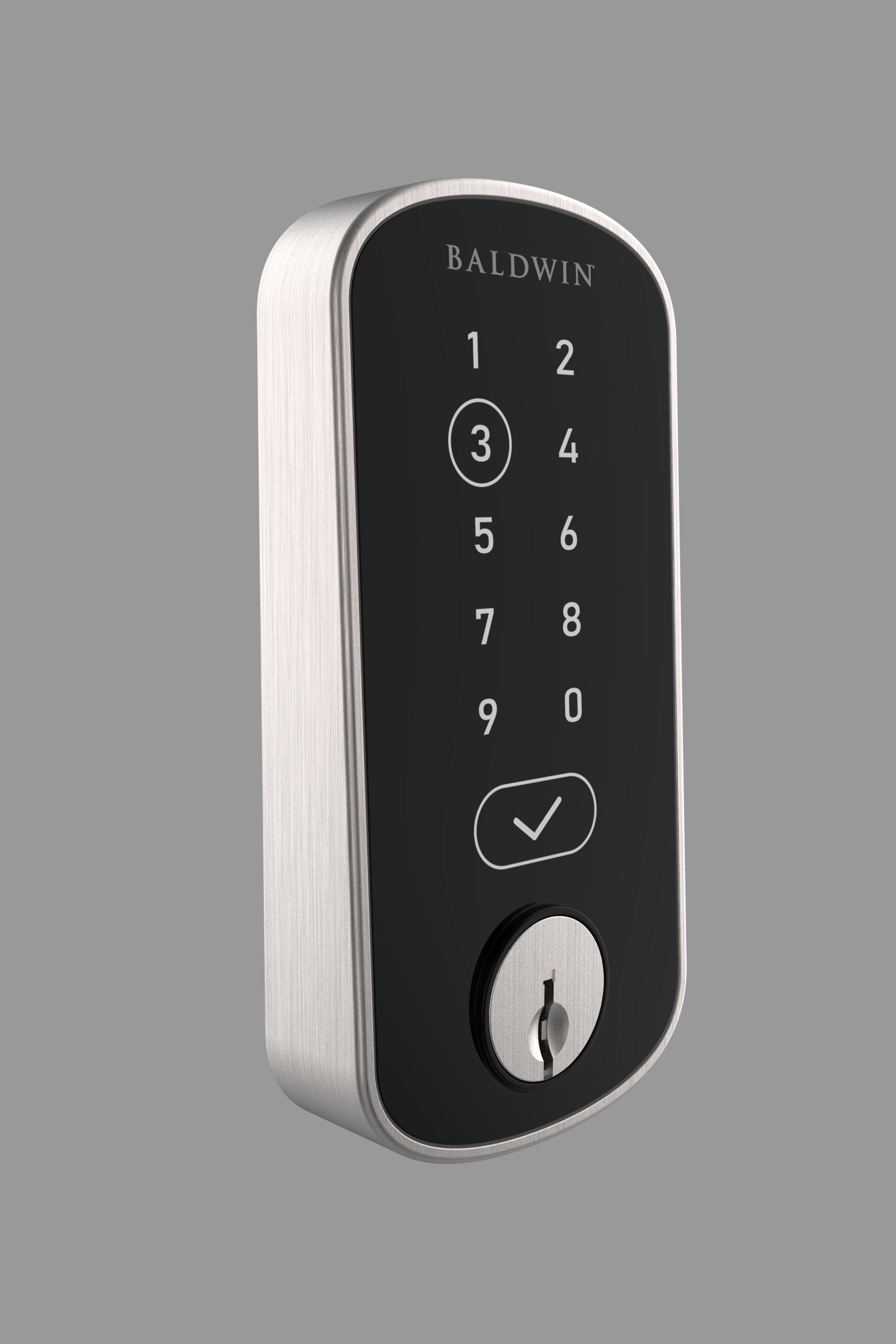 Electronic lock with numeric keypad and a key slot, black front panel with silver accents, the word 'BALDWIN' at the top.