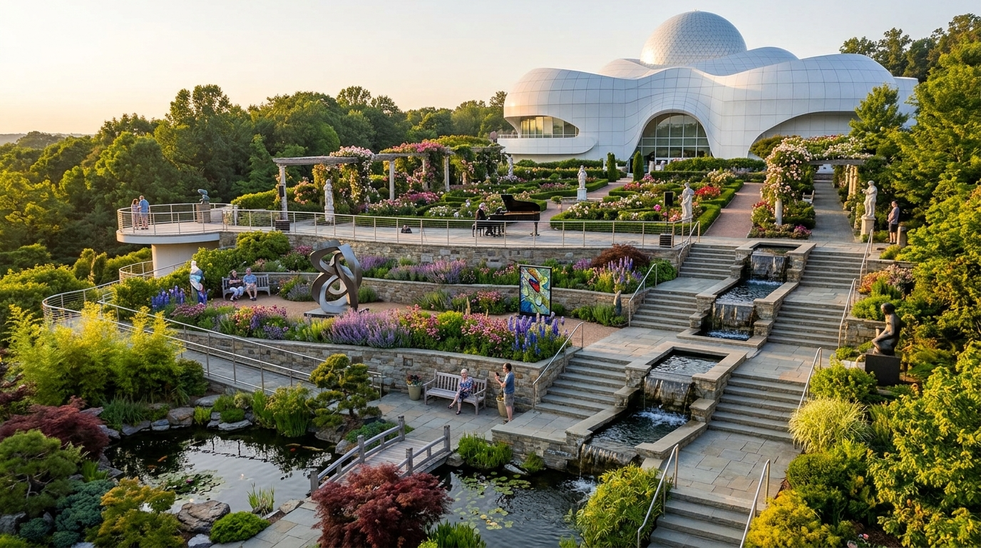 A modern, futuristic building surrounded by well-maintained gardens, waterfalls, and statues, with visitors walking or sitting on benches, in a lush green setting with trees in the background.