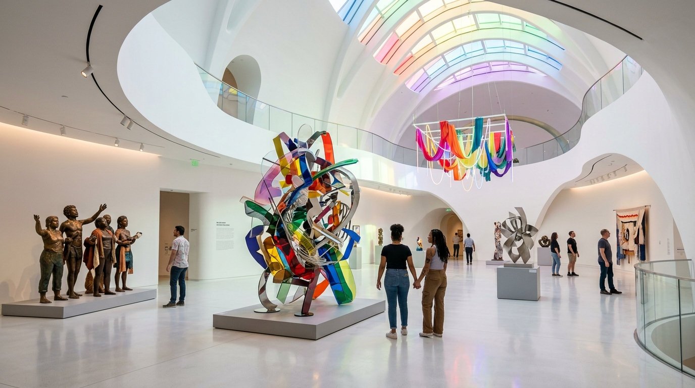 Visitors in an art museum viewing sculptures and colorful abstract artworks display modern sculptures and paintings in a bright, spacious gallery with a rainbow-colored ceiling.