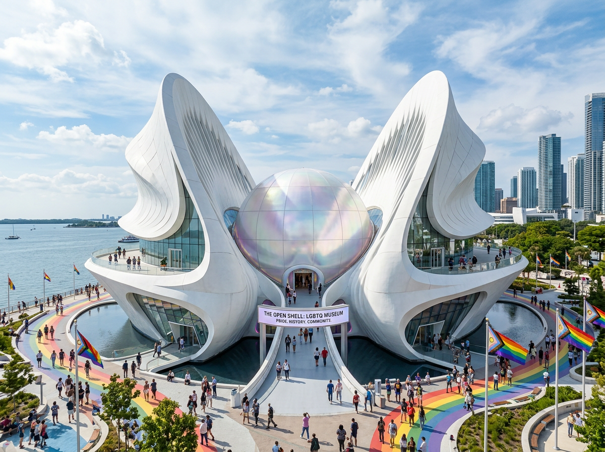 The Oppen Shell at the LGBTQ Museum features a modern, white, shell-like structure with a large iridescent globe in the center. The building is surrounded by a rainbow pathway and flags, with many people walking around the area under a partly cloudy sky, and a city skyline in the background.