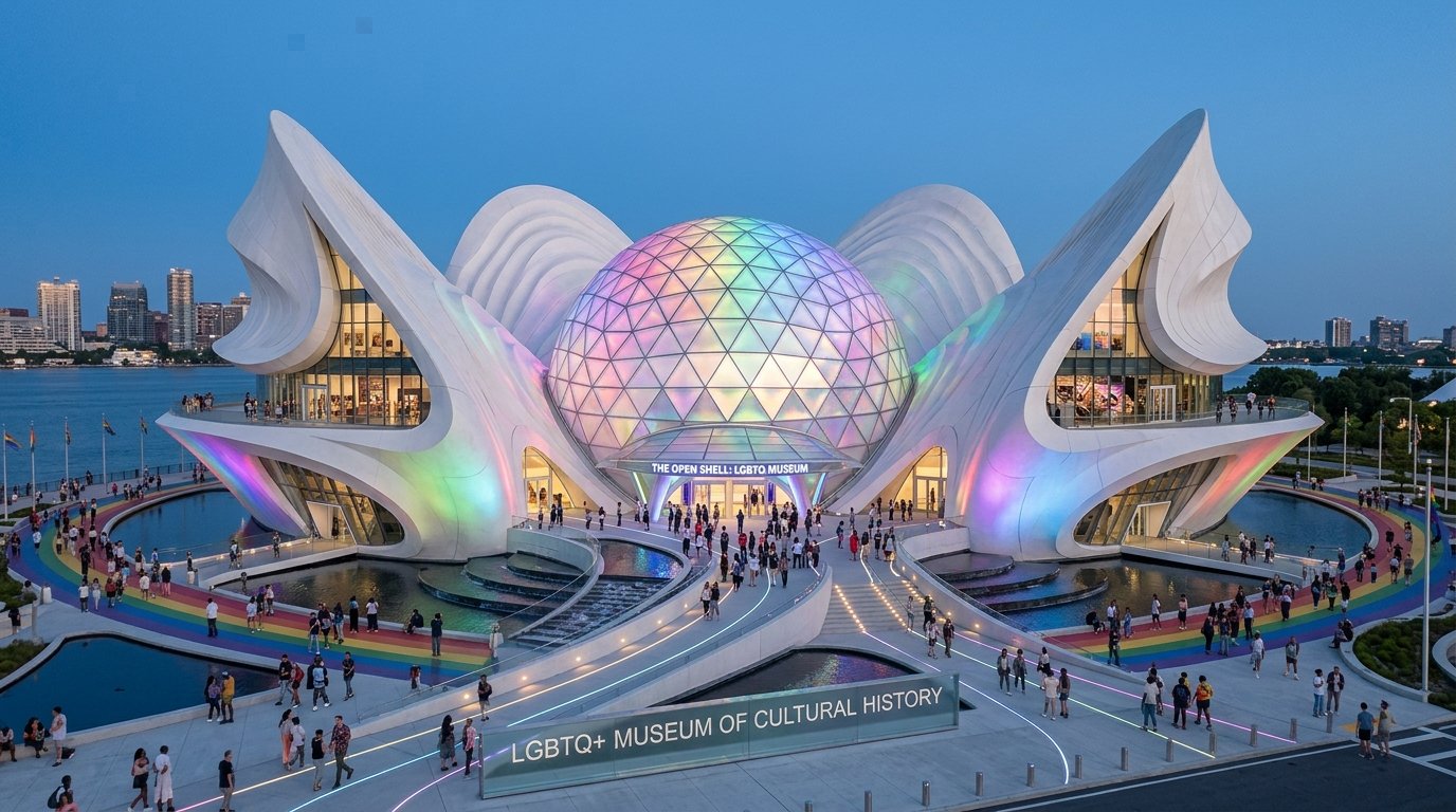 Exterior view of the LGBTQ+ Museum of Cultural History, a modern building with curving white structures and a large iridescent geodesic sphere at the entrance, with people walking around and city skyline in the background.