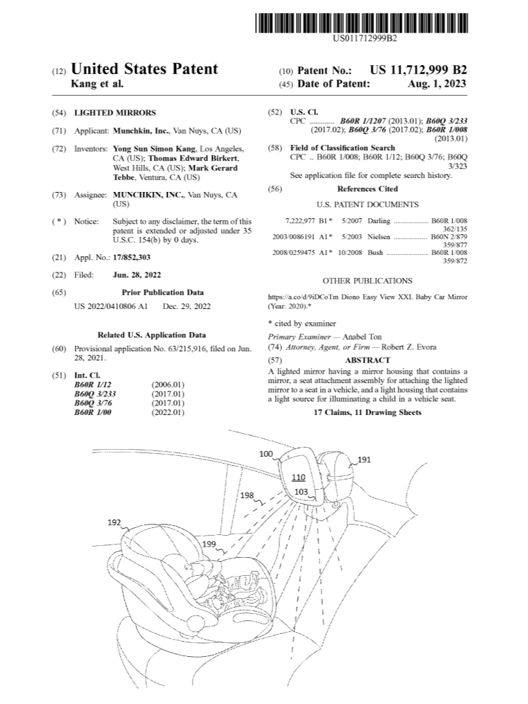 Patent document for a vehicle mirror with a built-in light for child seat illumination, including a diagram showing the mirror housing, attachment, and light source.